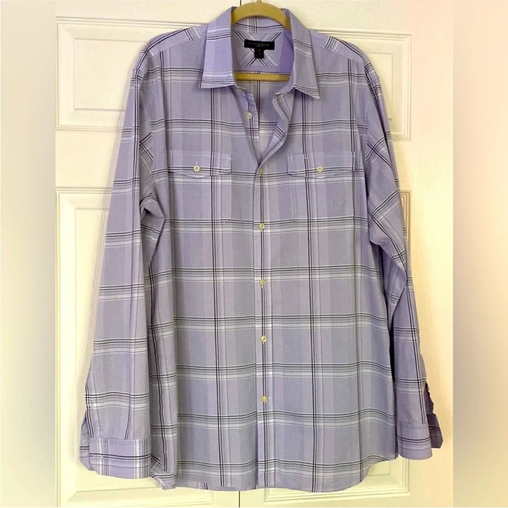 Banana Republic Dress Plaid Purple Shirt size Neck 17.5